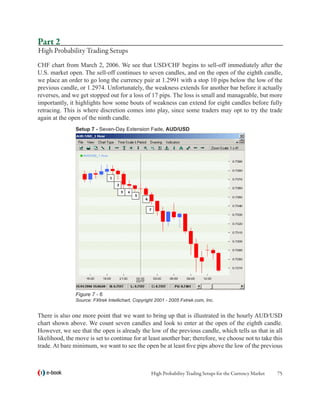 Part 2
High Probability Trading Setups
CHF chart from March 2, 2006. We see that USD/CHF begins to sell-off immediately after the
U.S. market open. The sell-off continues to seven candles, and on the open of the eighth candle,
we place an order to go long the currency pair at 1.2991 with a stop 10 pips below the low of the
previous candle, or 1.2974. Unfortunately, the weakness extends for another bar before it actually
reverses, and we get stopped out for a loss of 17 pips. The loss is small and manageable, but more
importantly, it highlights how some bouts of weakness can extend for eight candles before fully
retracing. This is where discretion comes into play, since some traders may opt to try the trade
again at the open of the ninth candle.
               Setup 7 - Seven-Day Extension Fade, AUD/USD




               Figure 7 - 6
               Source: FXtrek Intellichart, Copyright 2001 - 2005 Fxtrek.com, Inc.


There is also one more point that we want to bring up that is illustrated in the hourly AUD/USD
chart shown above. We count seven candles and look to enter at the open of the eighth candle.
However, we see that the open is already the low of the previous candle, which tells us that in all
likelihood, the move is set to continue for at least another bar; therefore, we choose not to take this
trade. At bare minimum, we want to see the open be at least five pips above the low of the previous



   e-book                                          High Probability Trading Setups for the Currency Market   75
 