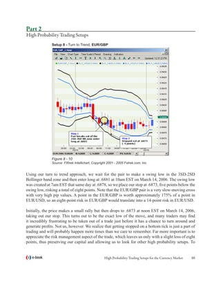 Part 2
High Probability Trading Setups
               Setup 8 - Turn to Trend, EUR/GBP




               Figure 8 - 10
               Source: FXtrek Intellichart, Copyright 2001 - 2005 Fxtrek.com, Inc.


Using our turn to trend approach, we wait for the pair to make a swing low in the 3SD-2SD
Bollinger band zone and then enter long at .6881 at 10am EST on March 14, 2006. The swing low
was created at 7am EST that same day at .6878, so we place our stop at .6873, five points below the
swing low, risking a total of eight points. Note that the EUR/GBP pair is a very slow-moving cross
with very high pip values. A point in the EUR/GBP is worth approximately 175% of a point in
EUR/USD, so an eight-point risk in EUR/GBP would translate into a 14-point risk in EUR/USD.

Initially, the price makes a small rally but then drops to .6873 at noon EST on March 14, 2006,
taking out our stop. This turns out to be the exact low of the move, and many traders may find
it incredibly frustrating to be taken out of a trade just before it has a chance to turn around and
generate profits. Not us, however. We realize that getting stopped on a bottom tick is just a part of
trading and will probably happen more times than we care to remember. Far more important is to
appreciate the risk management aspect of the trade, which leaves us only with a slight loss of eight
points, thus preserving our capital and allowing us to look for other high probability setups. To


   e-book                                          High Probability Trading Setups for the Currency Market   88
 