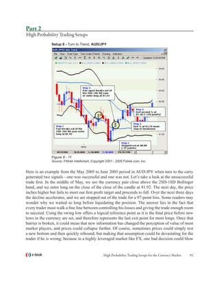 Part 2
High Probability Trading Setups
               Setup 8 - Turn to Trend, AUD/JPY




               Figure 8 - 11
               Source: FXtrek Intellichart, Copyright 2001 - 2005 Fxtrek.com, Inc.


Here is an example from the May 2005 to June 2005 period in AUD/JPY when turn to the carry
generated two signals - one was successful and one was not. Let’s take a look at the unsuccessful
trade first. In the middle of May, we see the currency pair close above the 2SD-1SD Bollinger
band, and we enter long on the close of the close of the candle at 81.92. The next day, the price
inches higher but fails to meet our first profit target and proceeds to fall. Over the next three days
the decline accelerates, and we are stopped out of the trade for a 97-point loss. Some readers may
wonder why we waited so long before liquidating the position. The answer lies in the fact that
every trader must walk a fine line between controlling his losses and giving the trade enough room
to succeed. Using the swing low offers a logical reference point as it is the final price before new
lows in the currency are set, and therefore represents the last exit point for most longs. Once that
barrier is broken, it could mean that new information has changed the perception of value of most
market players, and prices could collapse further. Of course, sometimes prices could simply test
a new bottom and then quickly rebound, but making that assumption could be devastating for the
trader if he is wrong; because in a highly leveraged market like FX, one bad decision could blow


   e-book                                          High Probability Trading Setups for the Currency Market   91
 