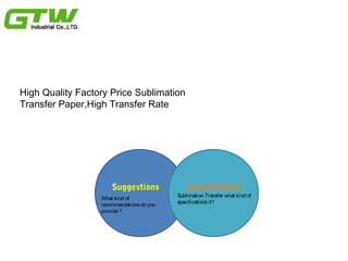 High Quality Factory Price Sublimation
Transfer Paper,High Transfer Rate
Suggestions Specifications
Sublimation Transfer what kind of
specificationsit?
What kind of
recommendationsdo you
provide?
 