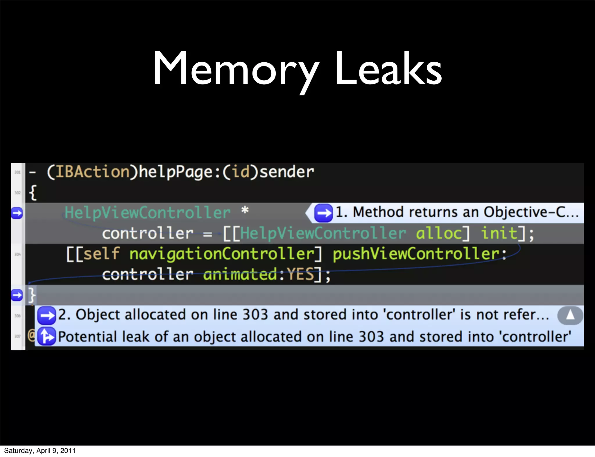 Memory Leaks




Saturday, April 9, 2011
 