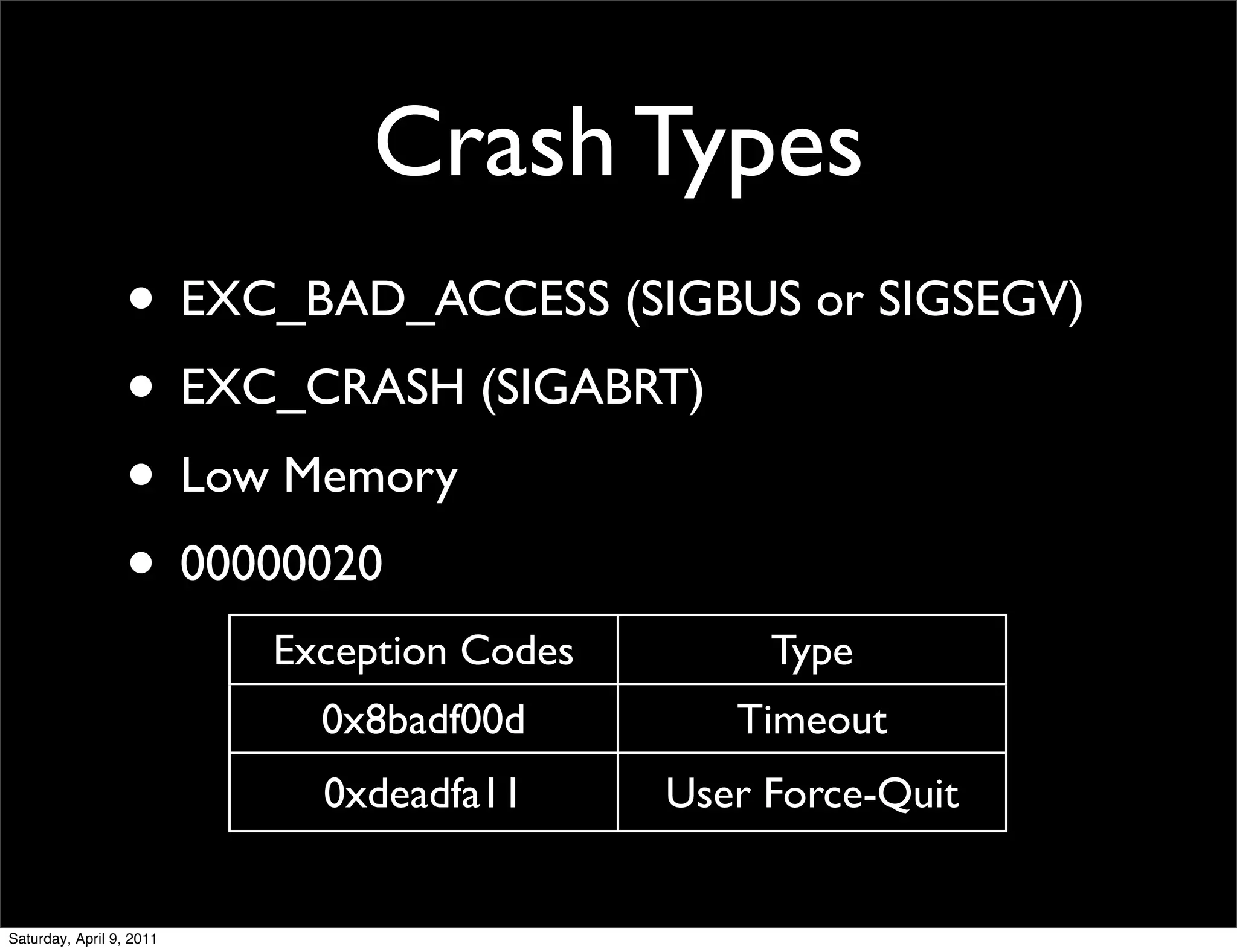 Crash Types
                  • EXC_BAD_ACCESS (SIGBUS or SIGSEGV)
                  • EXC_CRASH (SIGABRT)
                  • Low Memory
                  • 00000020
                          Exception Codes        Type
                            0x8badf00d         Timeout
                            0xdeadfa11      User Force-Quit


Saturday, April 9, 2011
 