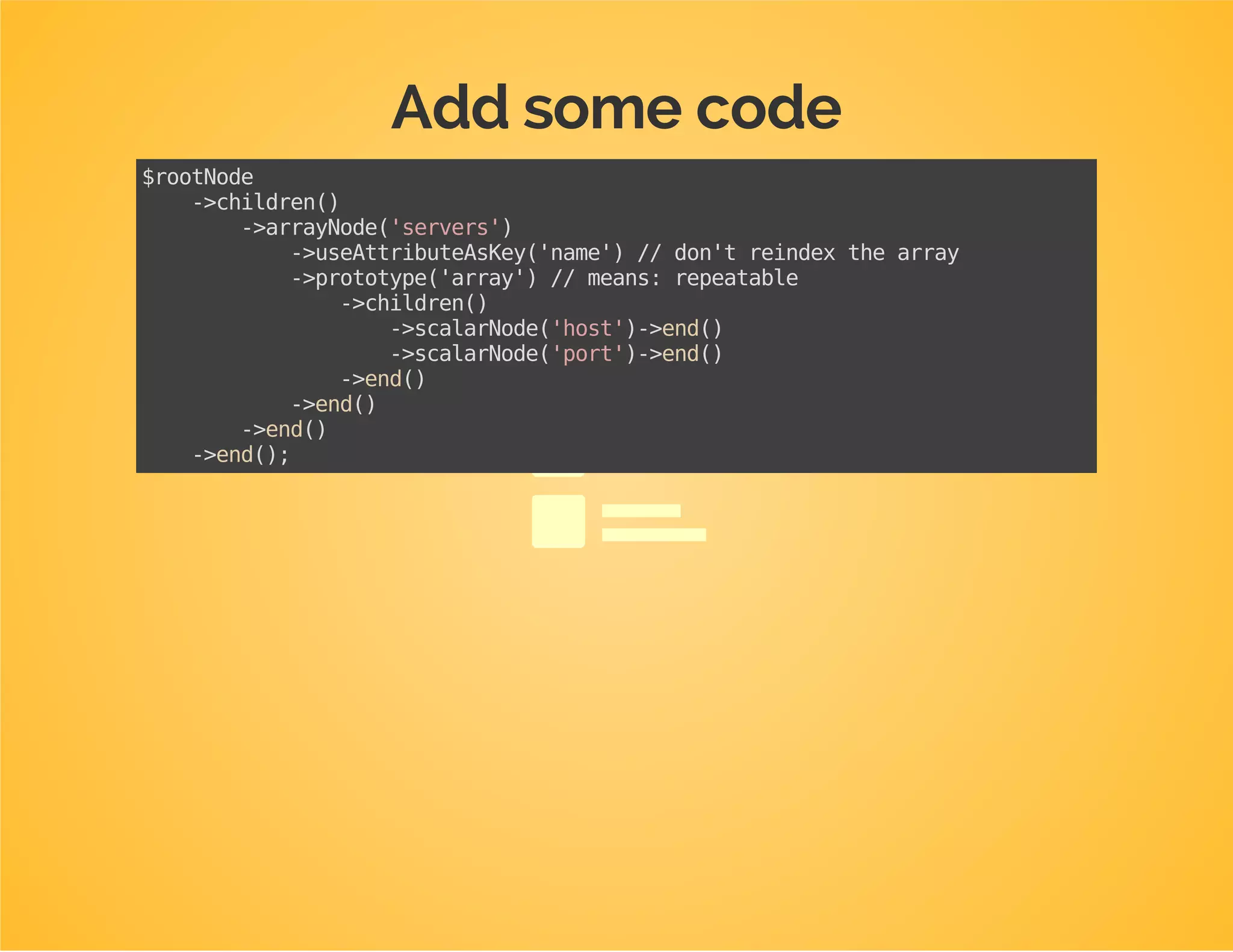 Disable merging
Test first
/**
*@test
*/
publicfunctionserver_configurations_are_not_merged()
{
$this->assertProcessedConfigurationEquals(
array(
array(
'servers'=>array(
'a'=>array('host'=>'host-a','port'=>1)
)
),
array(
'servers'=>array(
'b'=>array('host'=>'host-b','port'=>2)
)
)
),
array(
'servers'=>array(
'b'=>array('host'=>'host-b','port'=>2)
)
)
);
}
 