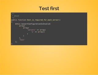 Repeated configuration values
Desired structure in config.yml
dpc_tutorial:
servers:
a:
host:server-a.nobacksoffice.nl
port:2730
b:
host:server-b.nobacksoffice.nl
port:2730
...
hostand portare required keys for each server
configuration
 