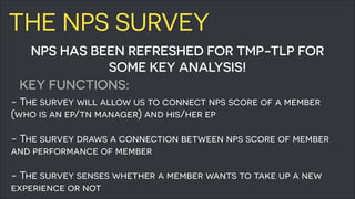 THE NPS SURVEY 
NPS HAS BEEN REFRESHED FOR TMP-TLP FOR 
SOME KEY ANALYSIS! 
! KEY FUNCTIONS: 
- The survey will allow us to connect nps score of a member 
(who is an ep/tn manager) and his/her ep 
! 
- The survey draws a connection between nps score of member 
and performance of member 
! 
- The survey senses whether a member wants to take up a new 
experience or not 
 