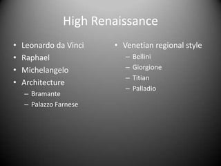 High Renaissance Leonardo da Vinci Raphael Michelangelo Architecture Bramante Palazzo Farnese Venetian regional style Bellini Giorgione Titian Palladio 