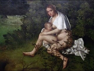 GIORGIONE DA CASTELFRANCO, The
Tempest.
• Mysterious and inscrutable
• Adam and Eve banished from
the Garden?
• Changes in painting revealed by
X-ray suggest that no definitive
narrative was planned.
• Uncertainty contributes to
enigma.
• Painting almost more about
transient effects of weather-
figures seem tacked on as an
excuse
12
 