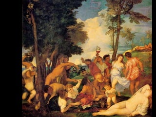 TITIAN, Meeting of Bacchus and Ariadne, from
the Camerino d’Alabastro, Palazzo Ducale,
Ferrara.
• Another commission for Alfonso
d’Este’s Camerino d’Alabastro
(White Room)-”pleasure chamber”
• Ancient Latin poem by Catallus
• Bacchus (God of Wine and
Intoxication), arrives on island of
Naxos where Ariadne has been
abandoned by Theseus (slayer of
the Minotaur).
• Rich luminous colors, sensual
appeal
• Based one figure off of recently
unearthed Laocoon
21
 