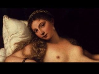 TITIAN, Venus of Urbino, 1538. Oil on canvas,
3’ 11” x 5’ 5”. Galleria degli Uffizi, Florence.
• Commissioned by Duke of
Urbino (Guidobaldo II)
• Borrows from Giorgione
• Sensual Italian Courtesan
elevated allegorically to Roman
Goddess of love by title
• Composition divided in two,
clever recession of space into
smaller units.
• Suggestive gaze and hand
• Lapdog in place of Cupid
• “Venetian Red”- Bed sheets
echo the maid
24
 