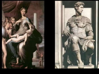 PARMIGIANINO, Madonna with the Long
Neck.
• Embodies elegant stylishness that
was principle aim of Mannerism
• Sinuous, swaying elongation,
Attenuation and delicacy-marks of
Aristocratic taste
• Enigmatic capital (Painting is
actually unfinished (has to flee
Rome-Charles V invades)
•
• Enigmatic figure with a scroll
• Madonna’s neck compared to
ivory column
• Figural distortions and crowded
composition
• Reference to Michelangelo’s Pieta
45
 