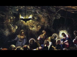 TINTORETTO, Last Supper, 1594.
Mannerism in Venice
• Spiritual, visionary forms, swirling
clouds, fitful, phantasmagoric light
• Shimmering halos, odd perspective
• Servants largest figures
• Imbalanced composition, willful
complexity
75
 