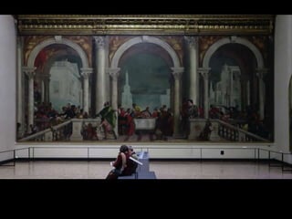 PAOLO VERONESE, Christ in the House of
Levi.
• Originally titled “Last Supper”
• Christ sits in the center of the
splendidly garbed elite of Venice
• Holy Office of Inquisition accuses
Veronese of Impiety
• First ever trial of the right to artistic
expression
• Veronese simply changes the title
rather than the image
85
 