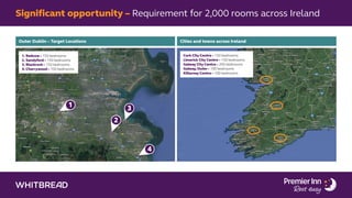 Significant opportunity – Requirement for 2,000 rooms across Ireland
Outer Dublin – Target Locations Cities and towns across Ireland
1. Redcow– 150 bedrooms
2. Sandyford – 150 bedrooms
3. Blackrock– 150 bedrooms
4. Cherrywood – 150 bedrooms
Cork City Centre – 150 bedrooms
Limerick City Centre – 150 bedrooms
Galway City Centre – 200 bedrooms
Galway, Outer– 100 bedrooms
Killarney Centre – 100 bedrooms
2
3
1
4
 