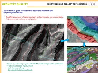 GEOMETRY QUALITY
• Rectifying geometry of fracture network on fold limbs for correct orientation
• Adjusting photo-horizons to real position
TTI ProductionREMOTE SENSING GEOLOGY APPLICATIONS
Accurate DEM gives accurate ortho-rectified satellite images
for geological mapping:
Spatial re-positioning requires HR DEM for VHR images ortho-rectification.
=> Structural aspect improvement:
• fault closures refining
• dip projected structures at depth
 