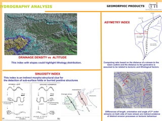 HYDROGRAPHY ANALYSIS TTI Production
DRAINAGE DENSITY vs ALTITUDE
ASYMETRY INDEX
Computing ratio based on the distance of a stream to the
basin outline and the distance to the generatrix is
assumed to be related to tectonic and lithological factors.
SINUOSITY INDEX
This index with slopes could highlight lithology distribution.
This index is an indirect morpho-structural clue for
the detection of sub-surface folds or burried positive structures
Differences of length, orientation and angle of 2nd
order
streams on both side of main stream are indirect evidence
of distinct erosion processes or tectonic behaviour
GEOMORPHIC PRODUCTS
 