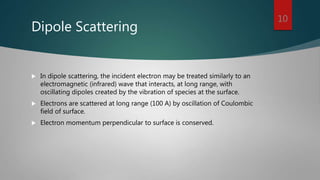 Dipole Scattering
 In dipole scattering, the incident electron may be treated similarly to an
electromagnetic (infrared) wave that interacts, at long range, with
oscillating dipoles created by the vibration of species at the surface.
 Electrons are scattered at long range (100 A) by oscillation of Coulombic
field of surface.
 Electron momentum perpendicular to surface is conserved.
10
 