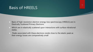 Basis of HREELS
 Basis of high-resolution electron energy-loss spectroscopy (HREELS) are in-
Elastically Scattered Primary Electrons.
 Which are in-elastically scattered upon interactions with surface vibrational
states.
 Peaks associated with these electrons reside close to the elastic peak as
their energy losses are comparatively small
7
 