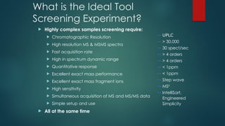 What is the Ideal Tool
Screening Experiment?
 Highly complex samples screening require:
 Chromatographic Resolution
 High resolution MS & MSMS spectra
 Fast acquisition rate
 High in spectrum dynamic range
 Quantitative response
 Excellent exact mass performance
 Excellent exact mass fragment ions
 High sensitivity
 Simultaneous acquisition of MS and MS/MS data
 Simple setup and use
 All at the same time
— UPLC
— > 30,000
— 30 spect/sec
— > 4 orders
— > 4 orders
— < 1ppm
— < 1ppm
— Step wave
— MSE
— IntelliSart,
Engineered
Simplicity
 