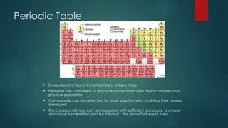 Periodic Table
 Every element found in nature has a unique mass
 Elements are combined to produce compounds with distinct masses and
physical properties
 Compounds can be detected by mass spectrometry and thus their masses
measured
 If a compound mass can be measured with sufficient accuracy, a unique
elemental composition can be inferred – the benefit of exact mass
 
