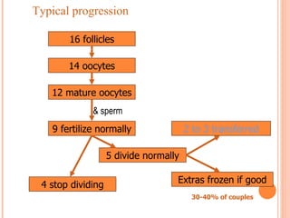 16 follicles 12 mature oocytes 14 oocytes Extras frozen if good 2 to 3 transferred 9 fertilize normally 5 divide normally 30-40% of couples 4 stop dividing & sperm Typical progression 