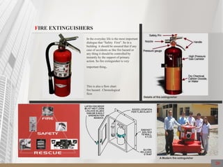FIRE EXTINGUISHERS
In the everyday life is the most important
dialogue that “Safety First”. So in a
building it should be ensured that if any
case of accidents as like fire hazard or
any thing it should be controlled by
instantly by the support of primary
action. So fire extinguisher is very
important thing.
This is also a flow chart
fire hazard . Chronological
flow
Details of fire extinguisher
A Modern fire extinguisher
20
 