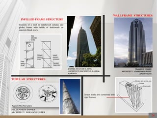 26
INFILLED FRAME STRUCTURE
Consists of a steel or reinforced column and
girder frame with infills of brickwork or
concrete block work
EMPIRE STATE BUILDING
ARCHITECT: RICHMOND, LAMB &
HARMON
WALL FRAME STRUCTURES
TRANSCO TOWER
ARCHITECT: JOHNSON/BURGEE
ARCHITECTS
Shear walls are combined with
rigid frames
TUBULAR STRUCTURES
MILLENNIUM TOWER
ARCHITECT: NORMAN FOSTER
 