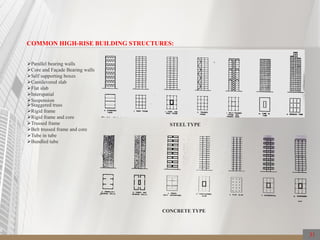 Parallel bearing walls
Core and Façade Bearing walls
Self supporting boxes
Cantilevered slab
Flat slab
Interspatial
Suspension
COMMON HIGH-RISE BUILDING STRUCTURES:
Staggered truss
Rigid frame
Rigid frame and core
Trussed frame
Belt trussed frame and core
Tube in tube
Bundled tube
STEEL TYPE
CONCRETE TYPE
31
 