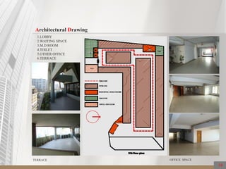 1.LOBBY
2.WAITING SPACE
3.M.D ROOM
4.TOILET
5.OTHER OFFICE
6.TERRACE
OFFICE SPACETERRACE
54
Architectural Drawing
 
