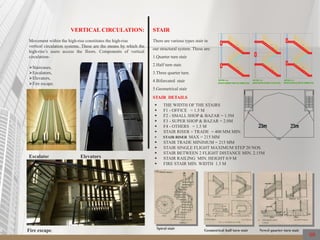 Movement within the high-rise constitutes the high-rise
vertical circulation systems. These are the means by which the
high-rise’s users access the floors. Components of vertical
circulation-
Staircases,
Escalators,
Elevators,
VERTICAL CIRCULATION:
Fire escape.
ElevatorsEscalator
Fire escape.
STAIR
10"
6"
10"
6"
SECTION : A-A
INVERTED BEAM IS USED INLANDING LEVELBEAM IS HANGING FROM THE LANDING LEVEL BEAM POSITION IS SAME TO SLAB LEVEL
SECTION : A-ASECTION : A-A
6"
10"
6"
10"10"
6"
10"
6"
There are various types stair in
our structural system. These are:
1.Quarter turn stair
2.Half turn stair.
3.Three quarter turn.
4.Bifurcated stair
5.Geometrical stair
 THE WIDTH OF THE STAIRS
 F1 - OFFICE = 1.5 M
 F2 - SMALL SHOP & BAZAR = 1.5M
 F3 - SUPER SHOP & BAZAR = 2.0M
 F4 - OTHERS = 1.5 M
 STAIR RISER + TRADE = 400 MM MIN.
 STAIR RISER MAX = 215 MM
 STAIR TRADE MINIMUM = 215 MM
 STAIR SINGLE FLIGHT MAXIMUM STEP 20 NOS.
 STAIR BETWEEN 2 FLIGHT DISTANCE MIN. 2.15M
 STAIR RAILING MIN. HEIGHT 0.9 M
 FIRE STAIR MIN. WIDTH 1.5 M
STAIR DETAILS
Spiral stair
Geometrical half turn stair Newel quarter turn stair
08
 