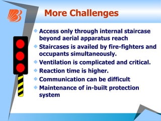 More Challenges Access only through internal staircase beyond aerial apparatus reach Staircases is availed by fire-fighters and occupants simultaneously. Ventilation is complicated and critical. Reaction time is higher. Communication can be difficult Maintenance of in-built protection system 