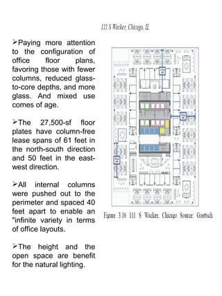 Paying more attention
to the configuration of
office floor plans,
favoring those with fewer
columns, reduced glass-
to-core depths, and more
glass. And mixed use
comes of age.
The 27,500-sf floor
plates have column-free
lease spans of 61 feet in
the north-south direction
and 50 feet in the east-
west direction.
All internal columns
were pushed out to the
perimeter and spaced 40
feet apart to enable an
"infinite variety in terms
of office layouts.
The height and the
open space are benefit
for the natural lighting.
 