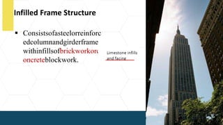  Consistsofasteelorreinforc
edcolumnandgirderframe
withinfillsofbrickworkorc
oncreteblockwork.
Infilled Frame Structure
 