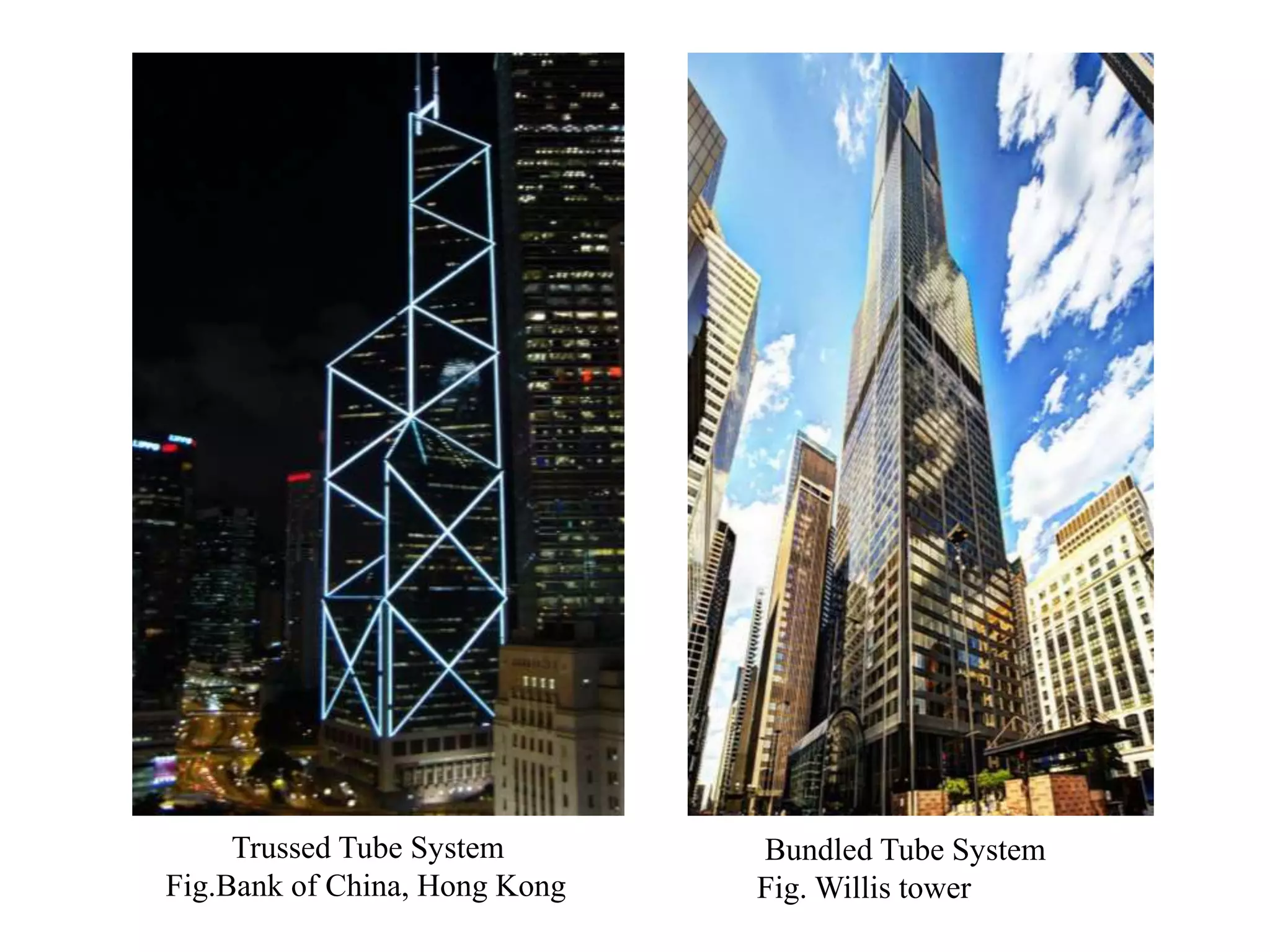 Trussed Tube System
Fig.Bank of China, Hong Kong
Bundled Tube System
Fig. Willis tower
 