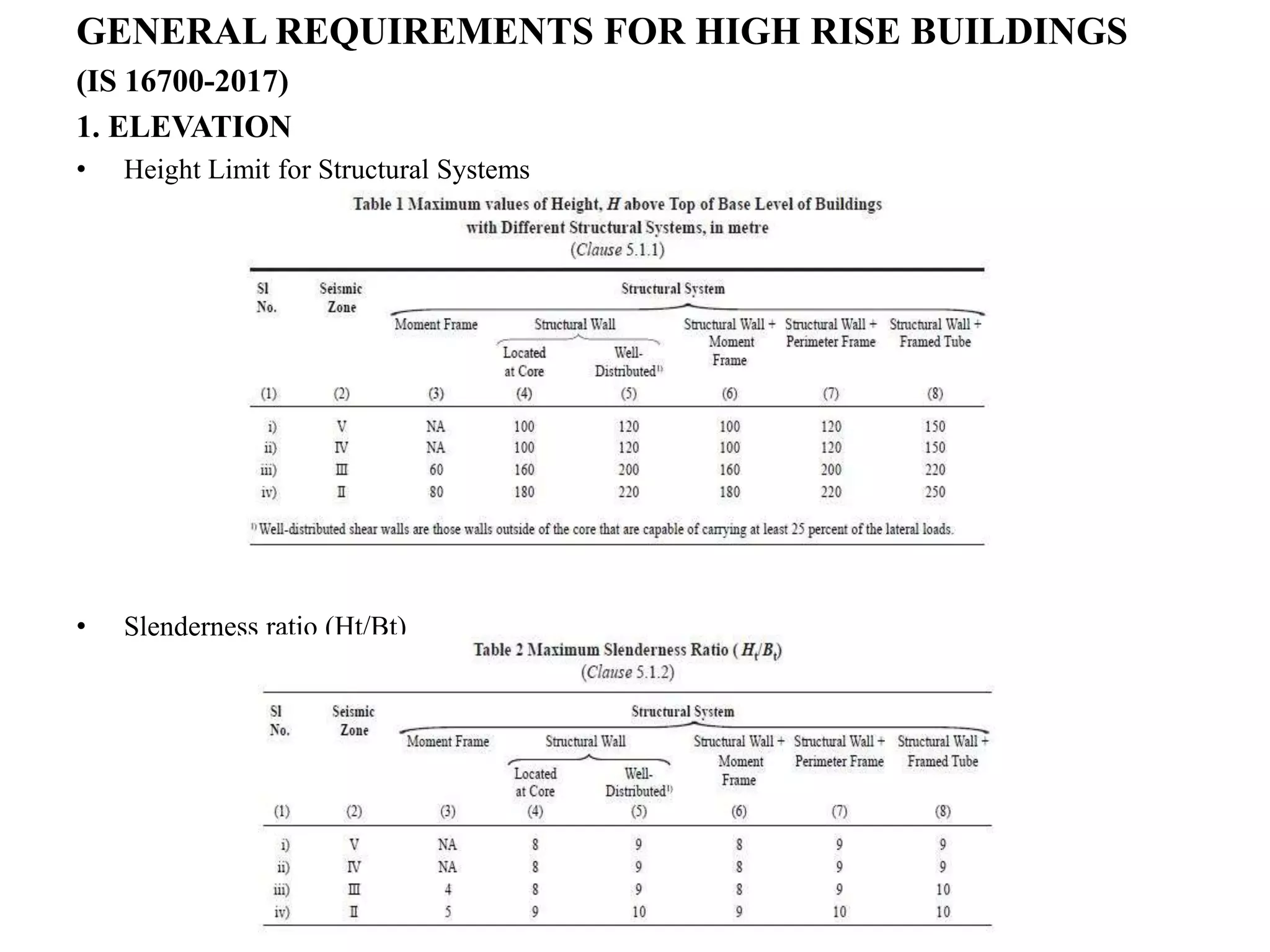GENERAL REQUIREMENTS FOR HIGH RISE BUILDINGS
(IS 16700-2017)
1. ELEVATION
• Height Limit for Structural Systems
• Slenderness ratio (Ht/Bt)
 