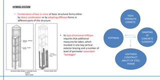 HYBRID SYSTEM
• Combination of two or more of basic structural forms either
by direct combination or by adopting different forms in
different parts of the structure.
HIGH
STRENGTH
CONRETE
STIFFNESS
DAMPING
OF
CONCRETE
ELEMENTS
LIGHTNESS
CONSTRUCT
ABILITY OF STEEL
FRAME
• Its lack of torsional stiffness
requires that additional
measures be taken, which
resulted in one bay vertical
exterior bracing and a number of
level of perimeter vierendeel
“bandages”
 