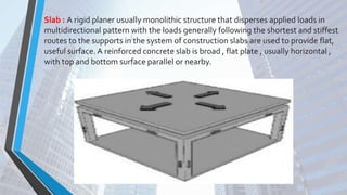 Slab : A rigid planer usually monolithic structure that disperses applied loads in
multidirectional pattern with the loads generally following the shortest and stiffest
routes to the supports in the system of construction slabs are used to provide flat,
useful surface.A reinforced concrete slab is broad , flat plate , usually horizontal ,
with top and bottom surface parallel or nearby.
 