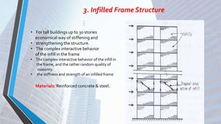3. Infilled Frame Structure
• For tall buildings up to 30 stories
economical way of stiffening and
• strengthening the structure.
• The complex interactive behavior
of the infill in the frame
• The complex interactive behavior of the infill in
the frame, and the rather random quality of
masonry.
• the stiffness and strength of an infilled frame
Materials: Reinforced concrete & steel.
 
