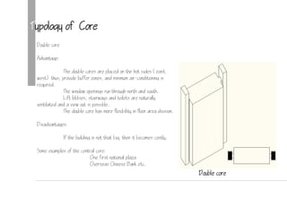 Typology of Core
Double core
Advantage:
The double cores are placed on the hot sides (east,
west) thus, provide buffer zones, and minimum air-conditioning is
required.
The window openings run through north and south.
Lift lobbies, stairways and toilets are naturally
ventilated and a view out is possible.
The double core has more flexibility in floor area division.
Disadvantages:
If the building is not that big, then it becomes costly.
Some examples of the central core:
One first national plaza
Overseas Chinese Bank etc.
Double core
 