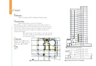 B el tower
Building type :
High-rise Commercial office building for Beximco Group.
Structural system:
The structural system is post slab (Flat plate).
The Building is in simple rectangular grid expected the shift of columns to
meet the inclination of the site line at the north-east side. The lift cores are a
built of centric, shifted to the west side of the building. To meet this shift of
span the shapes and directions of columns are changed according to the
structural requirements.
The total envelop of the building is built with non-load
bearing R.C.C walls with start cladding and certain glass at
the round shaped corners.
Column span:
Maximum span-20- C/C
Minimum span- 15-0 C/C
Column size- 2-0X3-4
Plinth:
2-4
Fig: 6 Long section (Sec-X-X)-parking.
Fig: 4 Long sections (Sec-X-X)
Fig: 5 Typical floor plan (Structural plan).
 