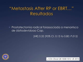 Prostatectomia radical foiassociada a menorrisco de desenvolvimento de metástases.[HR]  0.35 (95% CI, 0.19 to 0.65; P <0,001)“Metastasis After RP or EBRT…”Resultados