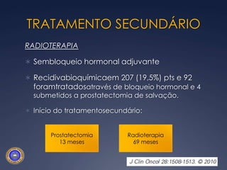 PROSTATECTOMIA RADICALRecidivabioquímicaem 141 (10,8%) pts e 107 foramtratados79 (6%) pts submetidos a Rtx20 adjuvantes59 salvaçãoTRATAMENTO SECUNDÁRIO
