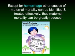 Except for hemorrhage other causes of
maternal mortality can be identified &
treated effectively, thus maternal
mortality can be greatly reduced.
 