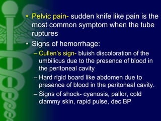 • Pelvic pain- sudden knife like pain is the
most common symptom when the tube
ruptures
• Signs of hemorrhage:
– Cullen’s ...