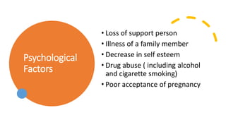 Psychological
Factors
• Loss of support person
• Illness of a family member
• Decrease in self esteem
• Drug abuse ( including alcohol
and cigarette smoking)
• Poor acceptance of pregnancy
 