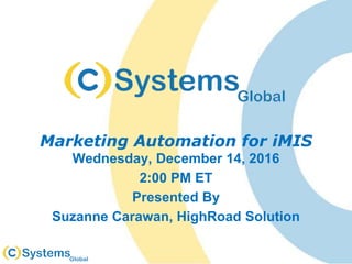 Marketing Automation for iMIS
Wednesday, December 14, 2016
2:00 PM ET
Presented By
Suzanne Carawan, HighRoad Solution
 