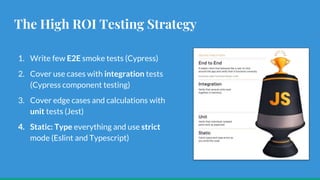 The High ROI Testing Strategy
1. Write few E2E smoke tests (Cypress)
2. Cover use cases with integration tests
(Cypress component testing)
3. Cover edge cases and calculations with
unit tests (Jest)
4. Static: Type everything and use strict
mode (Eslint and Typescript)
 