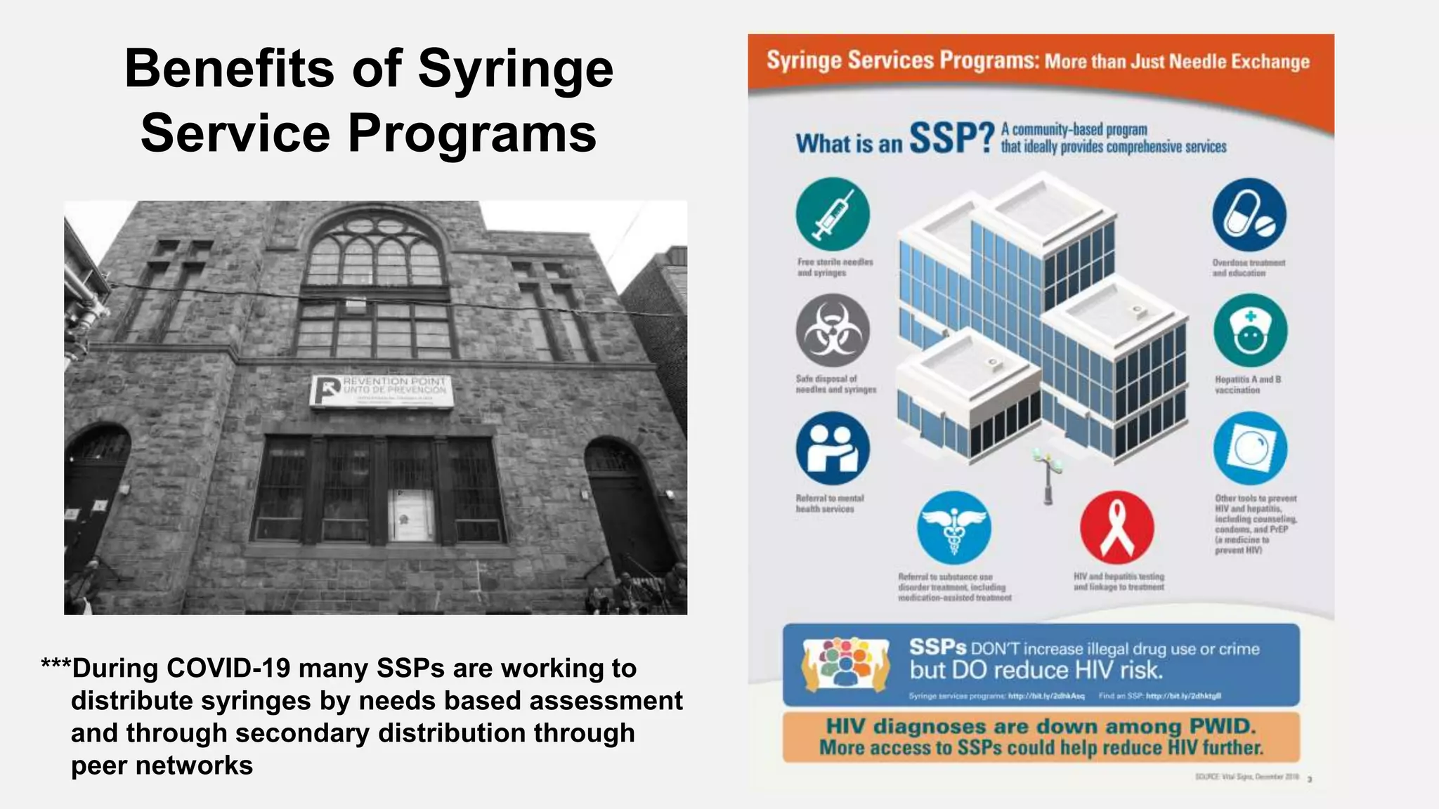 ***During COVID-19 many SSPs are working to
distribute syringes by needs based assessment
and through secondary distribution through
peer networks
Benefits of Syringe
Service Programs
 