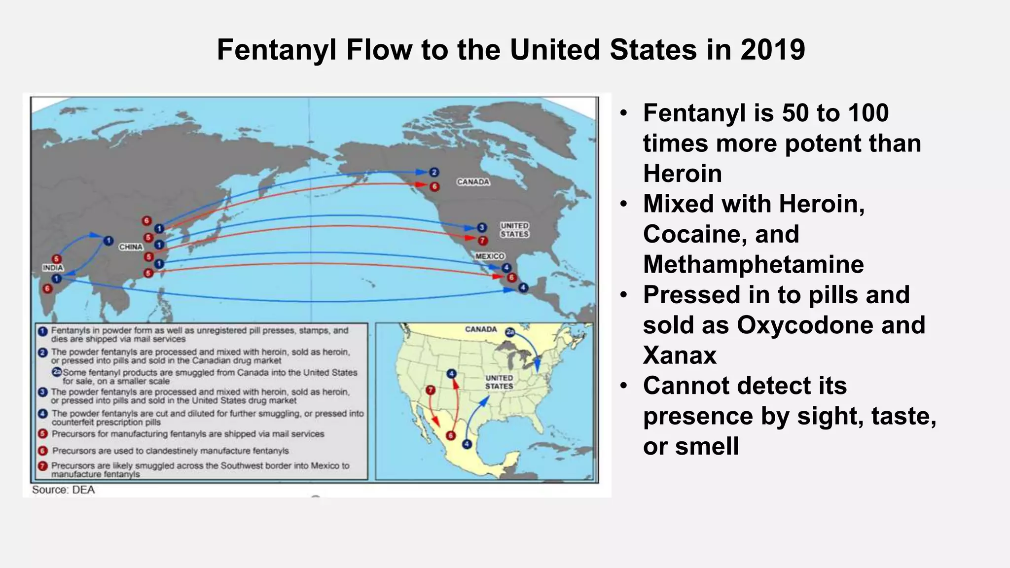 • Fentanyl is 50 to 100
times more potent than
Heroin
• Mixed with Heroin,
Cocaine, and
Methamphetamine
• Pressed in to pills and
sold as Oxycodone and
Xanax
• Cannot detect its
presence by sight, taste,
or smell
Fentanyl Flow to the United States in 2019
 