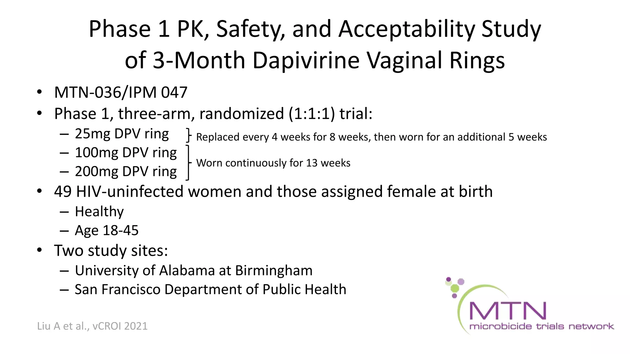 Phase 1 PK, Safety, and Acceptability Study
of 3-Month Dapivirine Vaginal Rings
• MTN-036/IPM 047
• Phase 1, three-arm, randomized (1:1:1) trial:
– 25mg DPV ring
– 100mg DPV ring
– 200mg DPV ring
• 49 HIV-uninfected women and those assigned female at birth
– Healthy
– Age 18-45
• Two study sites:
– University of Alabama at Birmingham
– San Francisco Department of Public Health
Liu A et al., vCROI 2021
Replaced every 4 weeks for 8 weeks, then worn for an additional 5 weeks
Worn continuously for 13 weeks
 