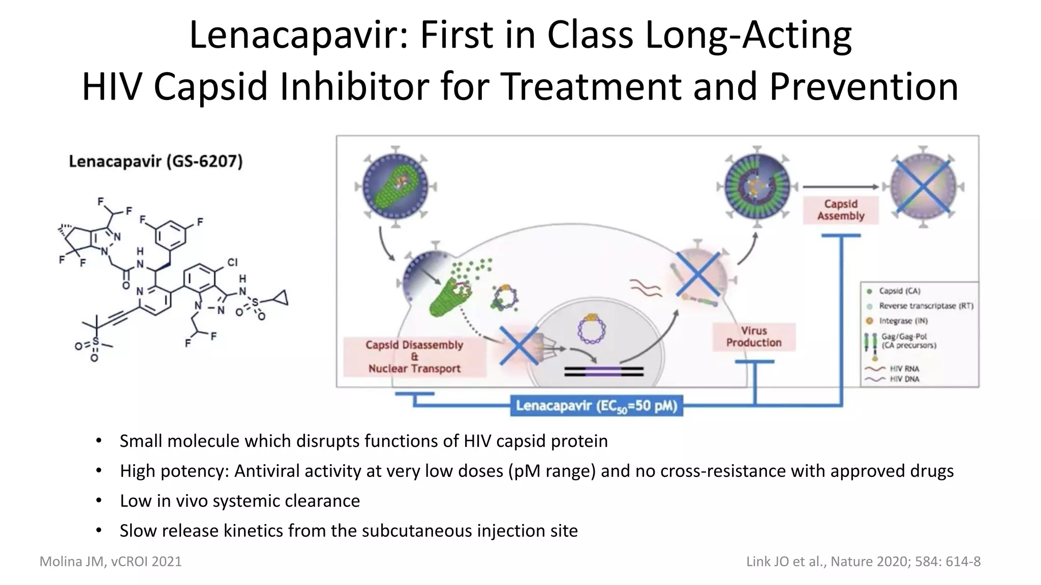 Lenacapavir: First in Class Long-Acting
HIV Capsid Inhibitor for Treatment and Prevention
• Small molecule which disrupts functions of HIV capsid protein
• High potency: Antiviral activity at very low doses (pM range) and no cross-resistance with approved drugs
• Low in vivo systemic clearance
• Slow release kinetics from the subcutaneous injection site
Link JO et al., Nature 2020; 584: 614-8
Molina JM, vCROI 2021
 